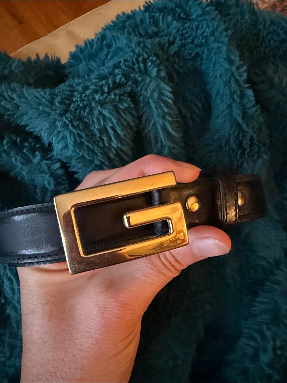 Black Leather Belt with Gold “G” Buckle
